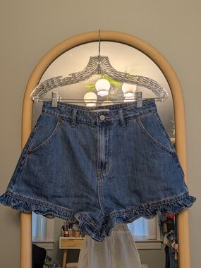 Denim Ruffled Hem Women’s Shorts - Blue